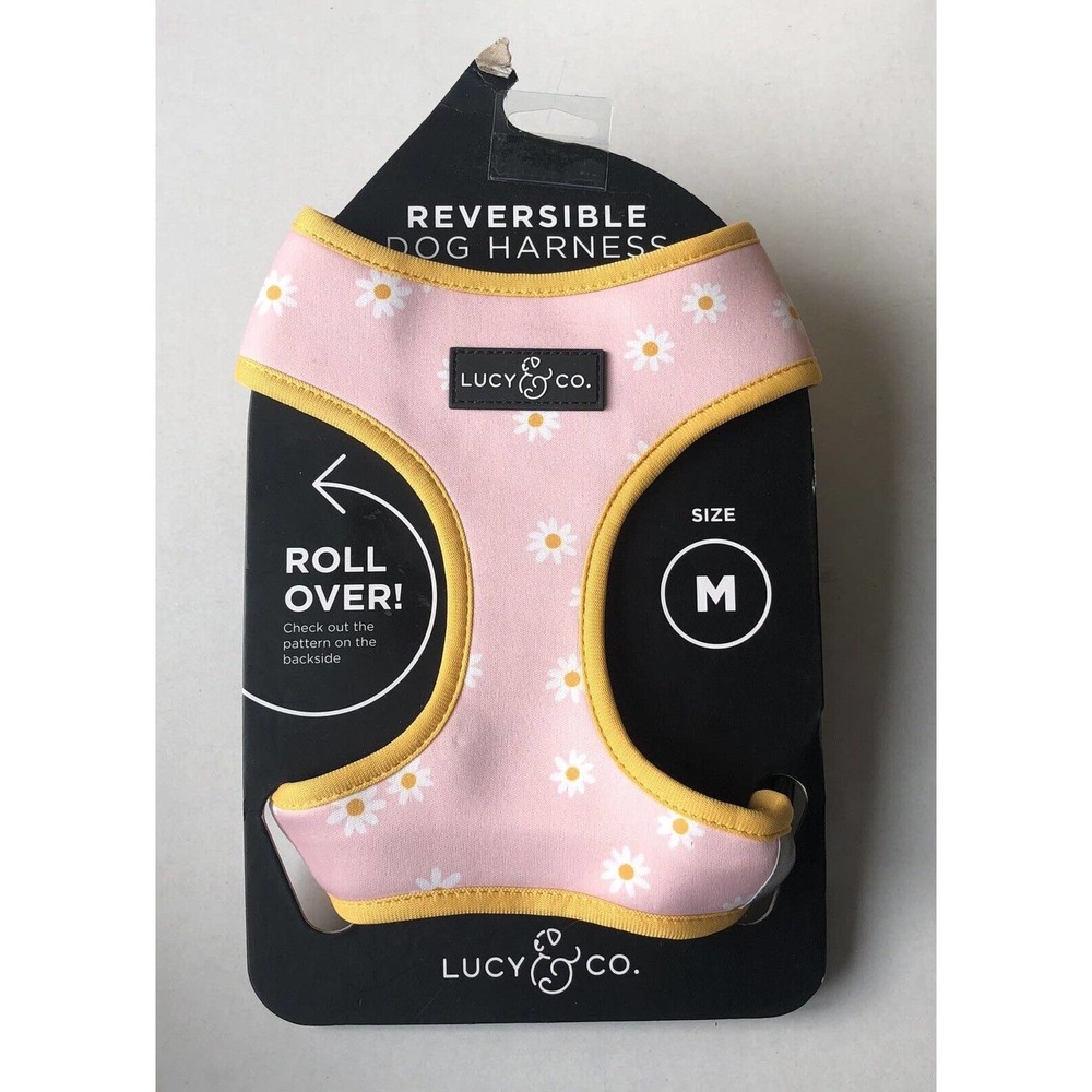 Reversible Dog Harness Lucy & Co Medium Puppy Pet Daisy Pink Checker Yellow Trim